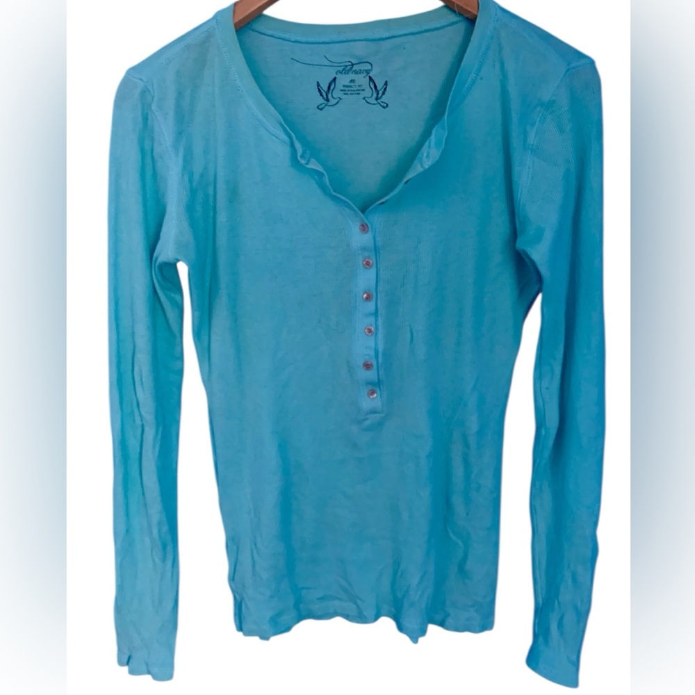 VTG Y2K Aqua Blue Long Sleeve Ribbed Henley Top Old Navy Bella Swan Size M
